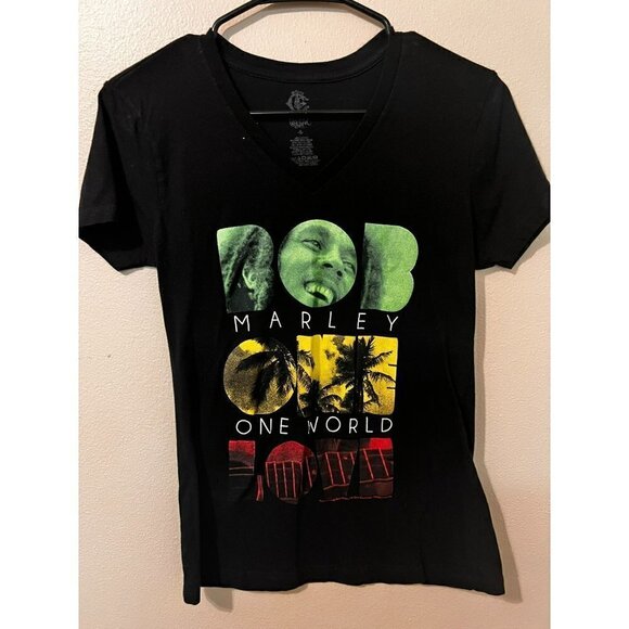 Women's Bob Marley V Neck Black T Shirt Size S - Picture 1 of 2
